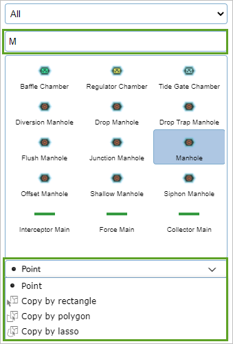 Feature templates filtered by search and menu of add methods